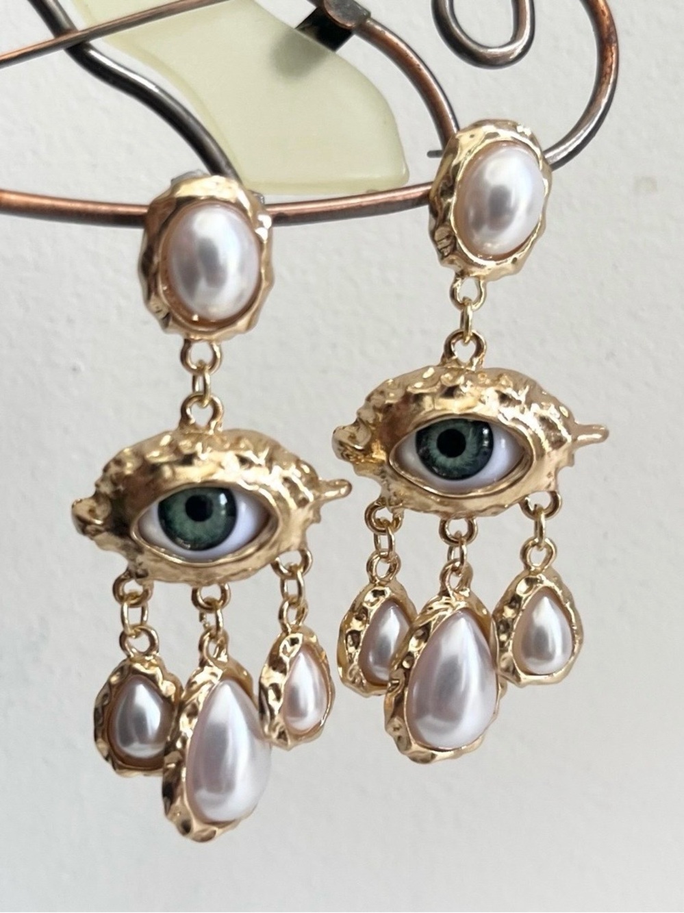 Victorian Gothic Surrealist Green Evil Eye Gold Faux Pearl Dangle Boho Earrings